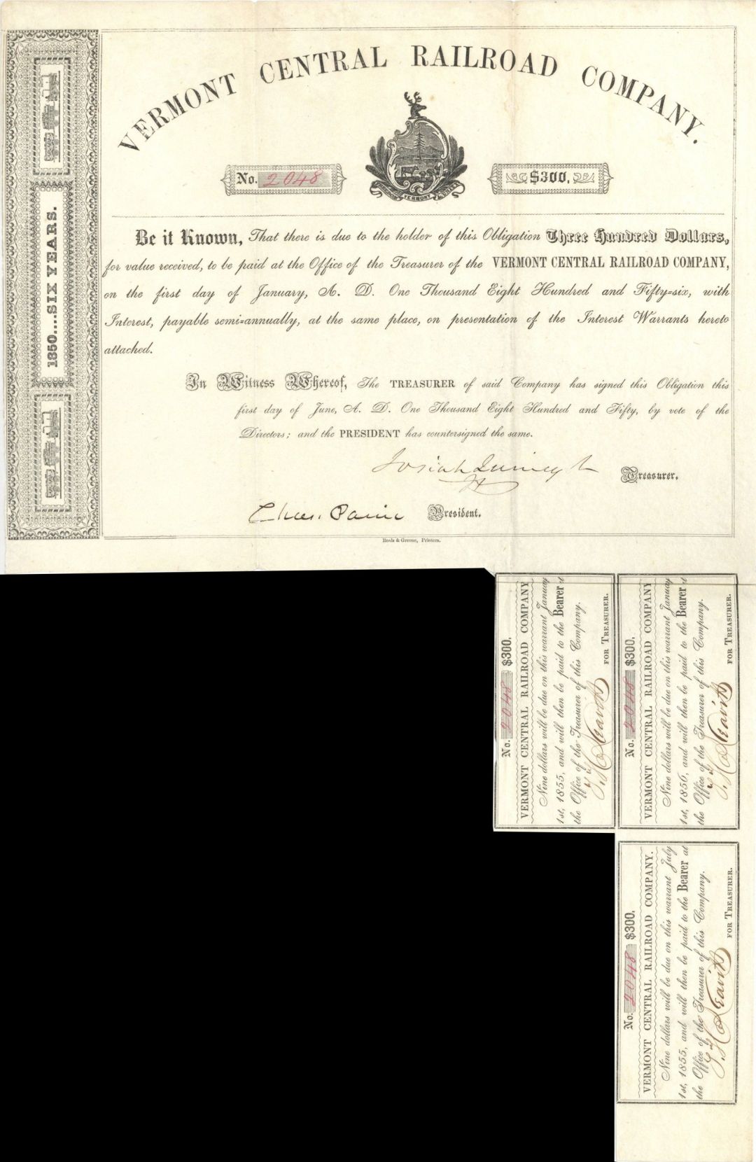 Vermont Central Railroad Co. signed by Josiah Quincy III - 1850 dated $300 Autographed Bond