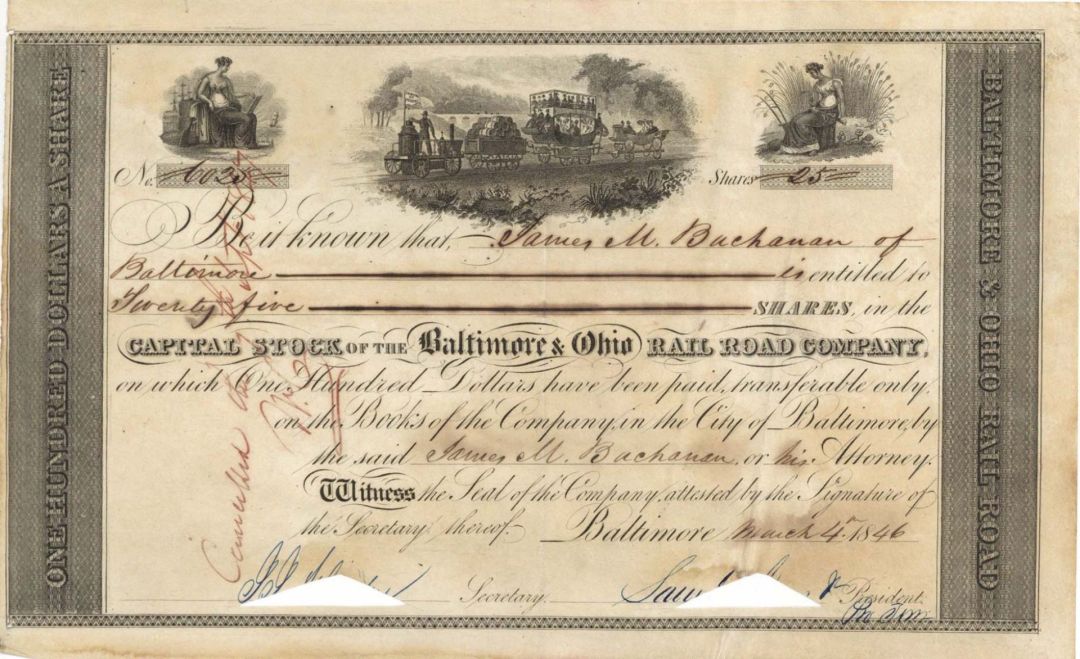 Baltimore and Ohio Railroad Co. Issued to James M. Buchanan - 1846 dated Railway Stock Certificate