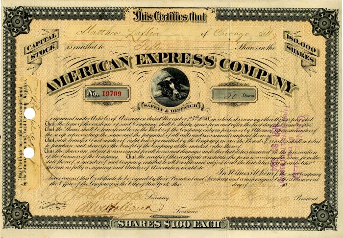 American Express Co. signed by William G. Fargo - Stock Certificate