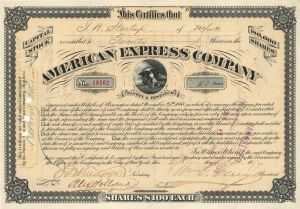 American Express Co. signed by William G. Fargo - 1877 dated Autographed Stock Certificate