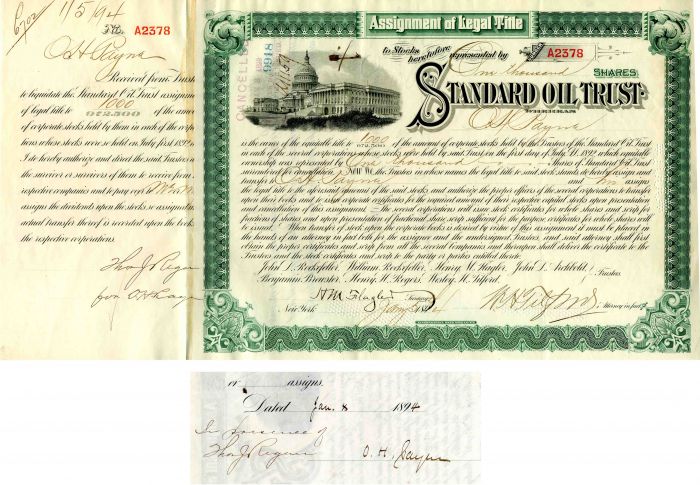 Standard Oil Trust Issued to and signed by O.H. Payne - Stock Certificate 