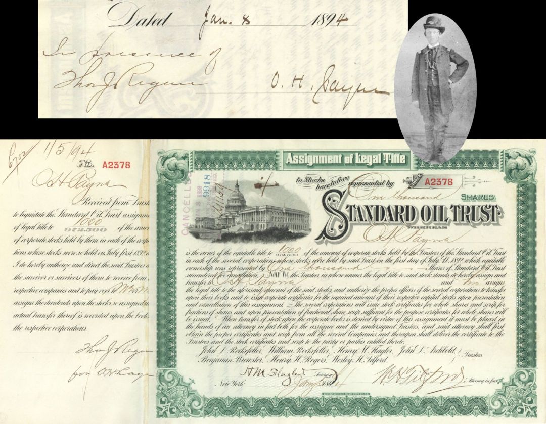 Standard Oil Trust Issued to and signed by O.H. Payne - 1894 dated Autographed Stock Certificate 