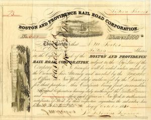 Boston and Providence Rail Road Corporation Issued to John M. Forbes - Stock Certificate