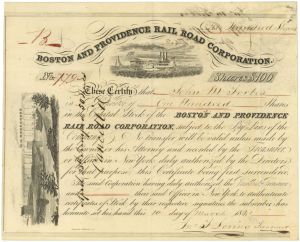 Boston & Providence Rail Road Corp. Issued to John M. Forbes - 1841 dated Autograph Stock Certificate
