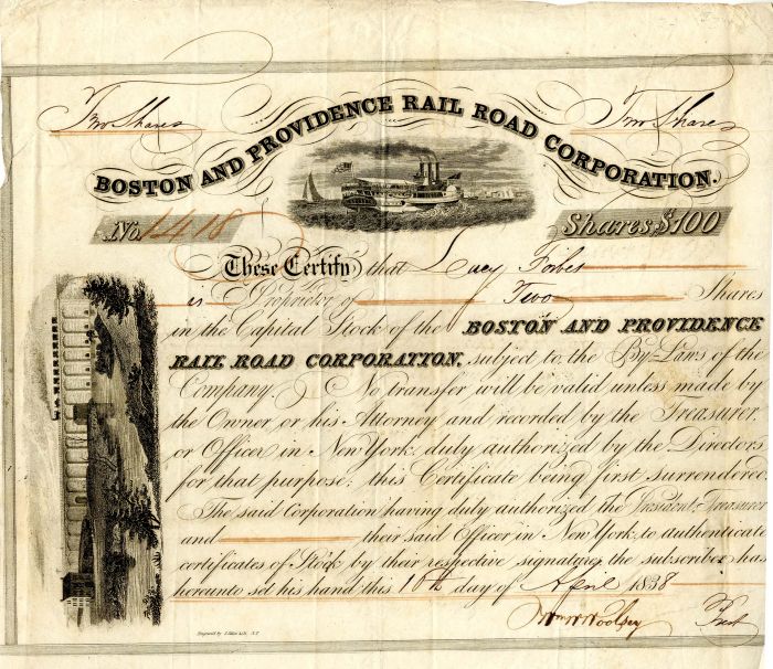 Boston and Providence Rail Road Corporation Issued to Lucy Forbes - Stock Certificate