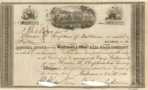 Baltimore and Ohio Rail Road Co. Issued to Howard H. Hopkins - 1843 dated Stock Certificate