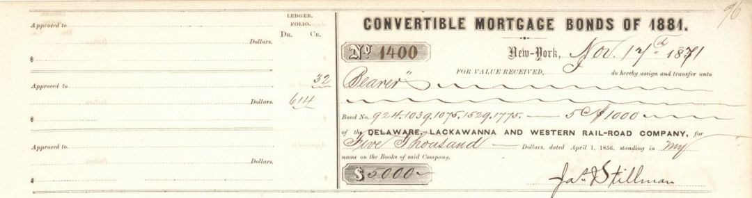 Delaware, Lackawanna and Western Railroad Co.  Signed by James Stillman - Autographed Transfer Receipt