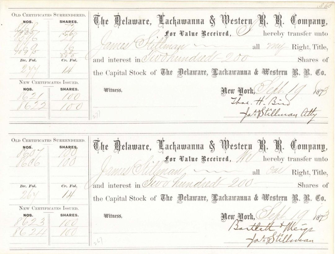 Delaware, Lackawanna and Western Railroad Co. Issued to and Signed by James Stillman - 1873 dated Uncut Pair of Transfer Receipts