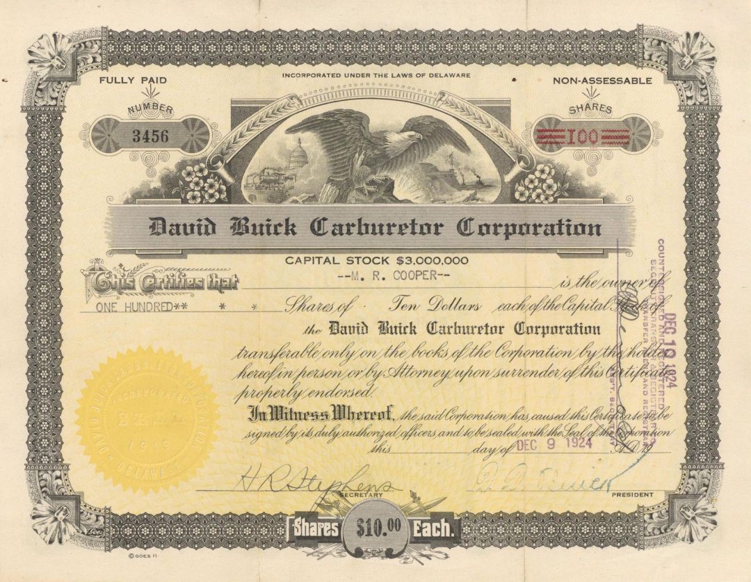 David Buick Carburetor Corp. Rubber Stamp Signature of D.D. Buick - Stock Certificate