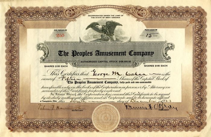 Peoples Amusement Co. Issued to George M. Cohan - 1923-1926 dated Stock Certificate