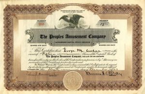 Peoples Amusement Co. Issued to George M. Cohan - 1923-1926 dated Stock Certificate
