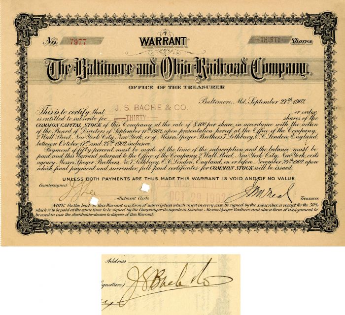 Baltimore and Ohio Railroad Co. signed by Jules S. Bache - Stock Warrant Certificate