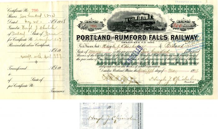 Portland and Rumford Falls Railway Issued to Hugh J. Chisholm