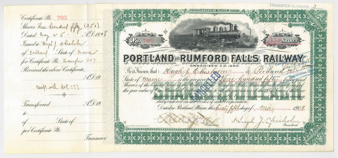 Portland and Rumford Falls Railway Issued to Hugh J. Chisholm