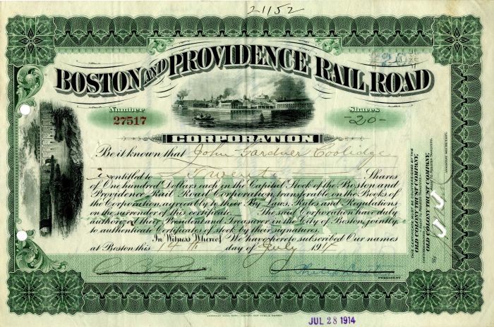 Boston and Providence Rail Road Corporation Issued to John Gardner Coolidge - Stock Certificate