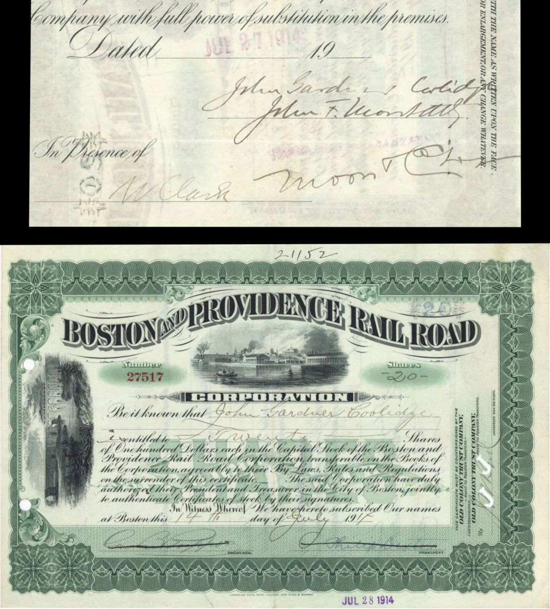 Boston and Providence Rail Road Corp. Issued to John Gardner Coolidge - 1914 dated Stock Certificate