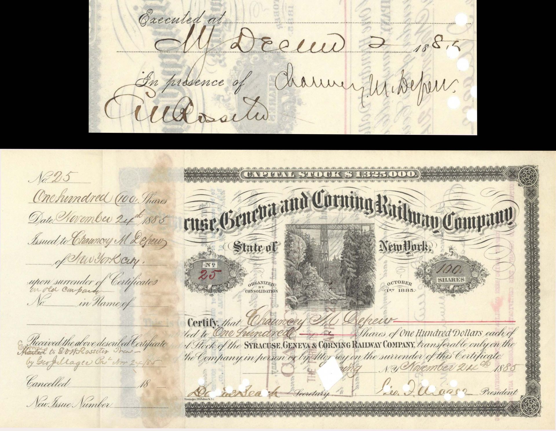 Syracuse, Geneva and Corning Railway Co. Issued to and Signed by Chanuncey M. Depew