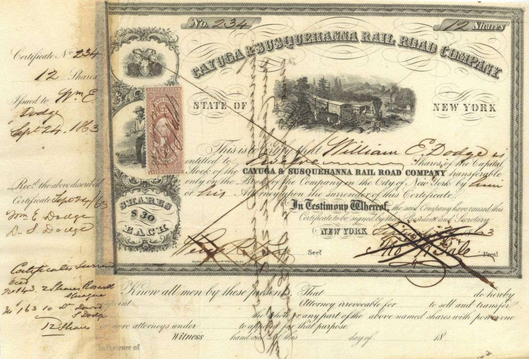 Cayuga and Susquehanna Rail Road Co. - Issued to and signed by William E. Dodge - Autograph Railway Stock Certificate