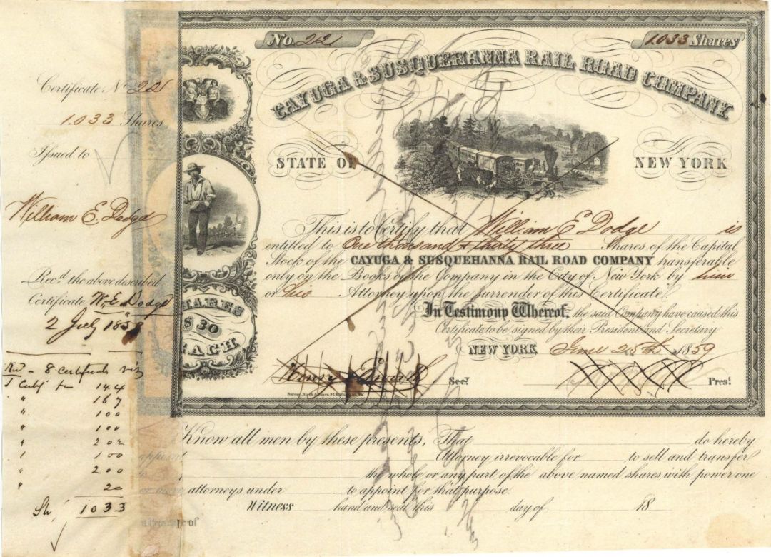 Cayuga and Susquehanna Rail Road Co. - Issued to and signed by William E. Dodge - Autograph Railway Stock Certificate