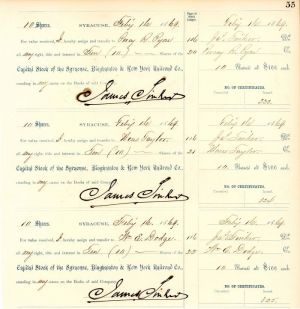 1869 Sheet of 3 Transfers for Syracuse, Binghamton & New York Railroad Co. Transferred to Percy R. Pyne, Moses Taylor and William E. Dodge