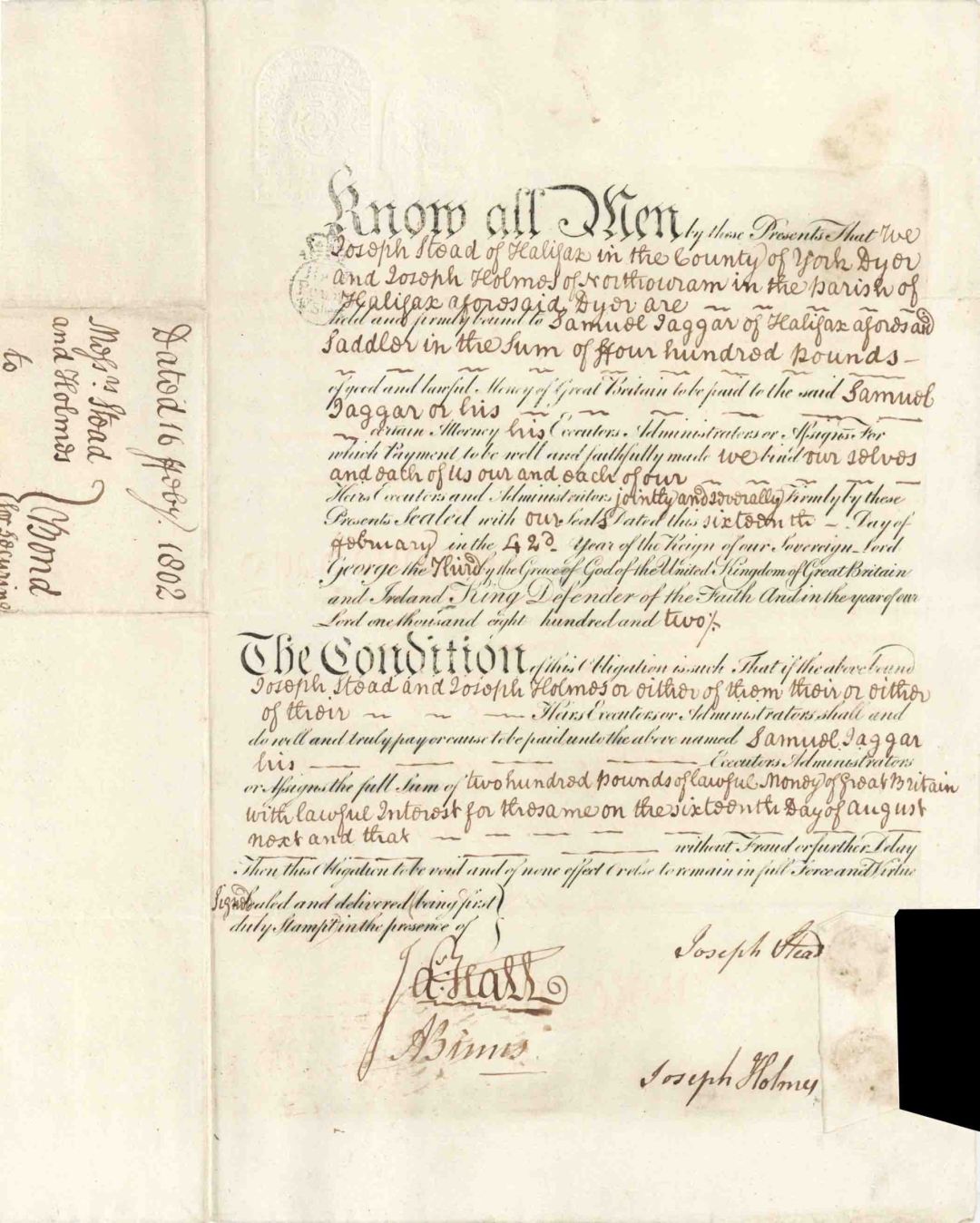 £200 Bond in Era of George III - 1802 dated Document