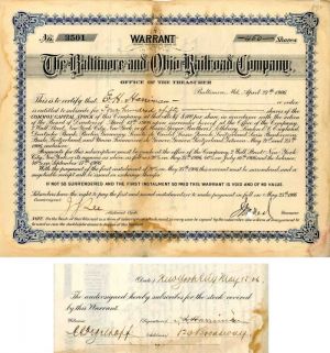 Baltimore and Ohio Railroad Co. Issued to and signed by E.H. Harriman - Stock Certificate