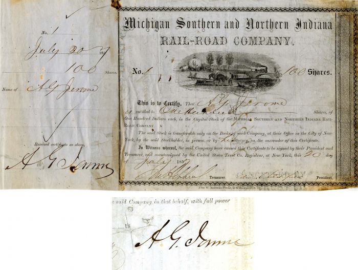 Michigan Southern and Northern Indiana Rail-Road Co. Issued to and Signed by A.G. Jerome - 1857 dated Railway Stock Certificate