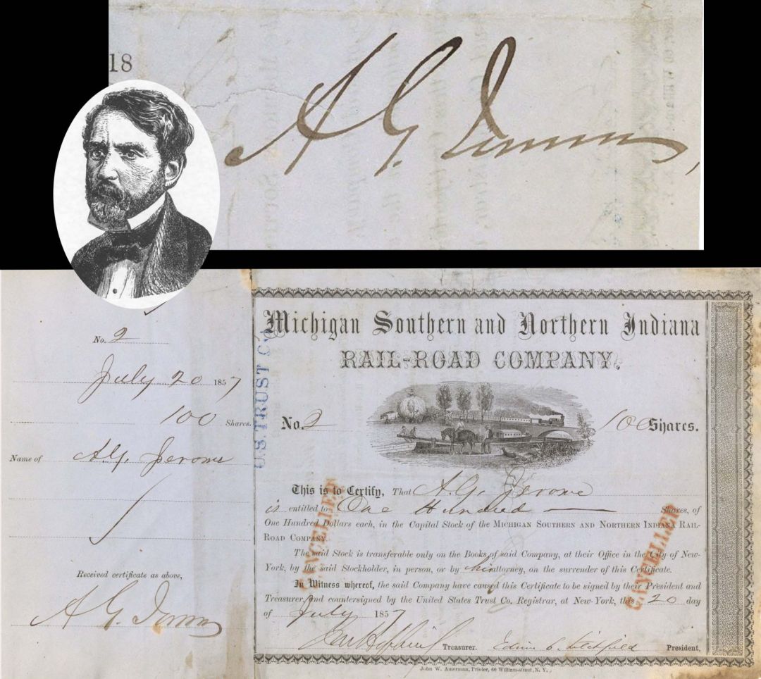 Michigan Southern and Northern Indiana Rail-Road Co. Issued to and Signed twice by A.G. Jerome - 1857 dated Autographed Railway Stock Certificate