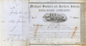 Michigan Southern and Northern Indiana Rail-Road Co. Issued to and Signed by A.G. Jerome - 1857 dated Railway Stock Certificate