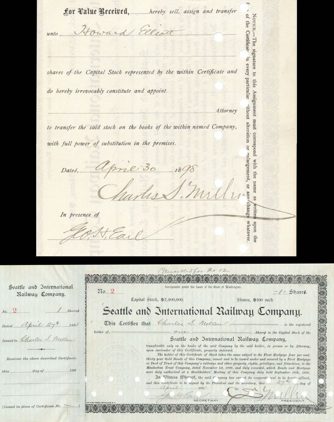 Seattle and International Railway Co. Issued to and signed by C.S. Mellen and Geo. H. Earl - 1898 dated Autographed Stock Certificate