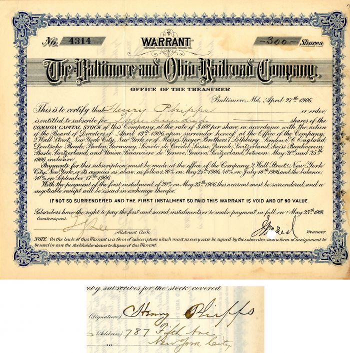 Baltimore and Ohio Railroad Co. signed by Henry Phipps - Warrant Certificate