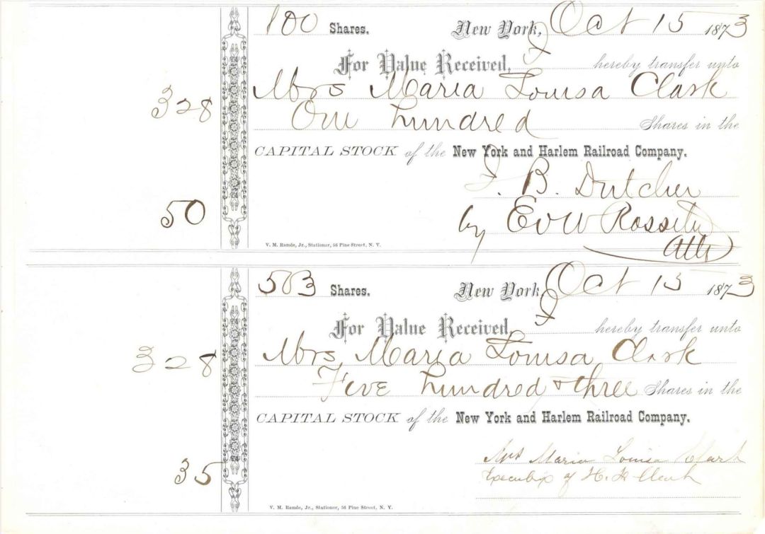 New York and Harlem Railroad Co. Stock signed by E.V.W. Rossiter - 1873 dated Autographed Railway Stock Certificate
