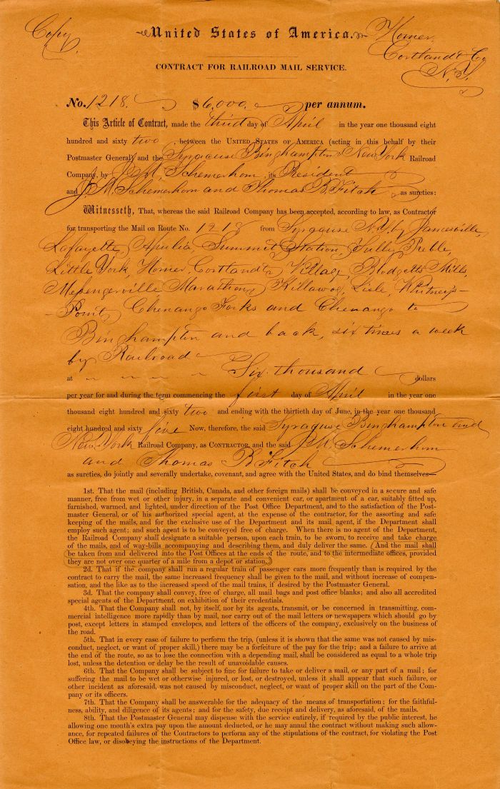 Contract signed by J.M. Schermerhorn