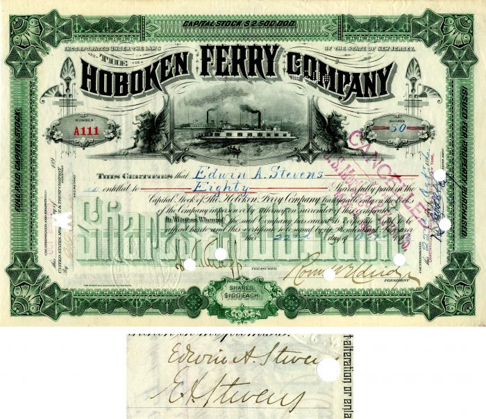 Hoboken Ferry Co. signed by Edwin Augustus Stevens - Stock Certificate