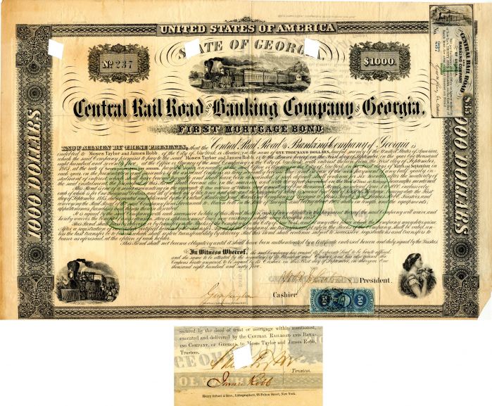 Central Rail Road and Banking Co. of Georgia signed by Moses Taylor - Autograph Railway Bond
