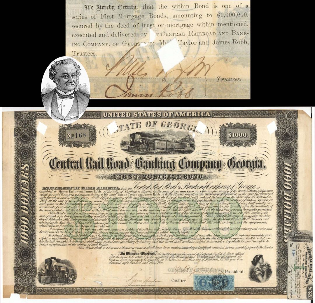 Central Rail Road and Banking Co. of Georgia signed by Moses Taylor - 1865 dated Autograph Railway Bond