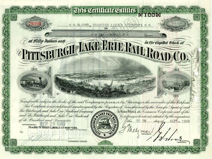 Pittsburgh and Lake Erie Railroad Co. issued to Gladys, Countess Laszlo Szechenyi  (Vanderbilt)