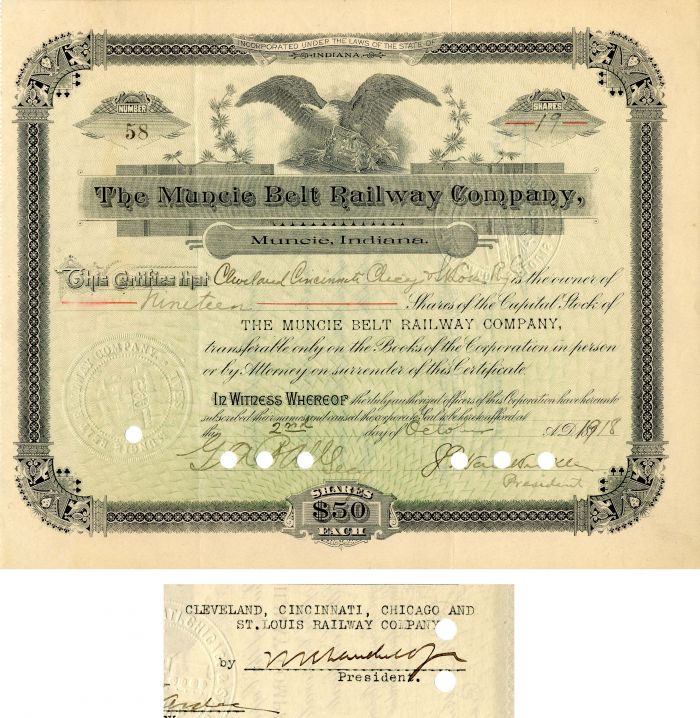 Muncie Belt Railway Co. signed by Wm. K. Vanderbilt Jr.