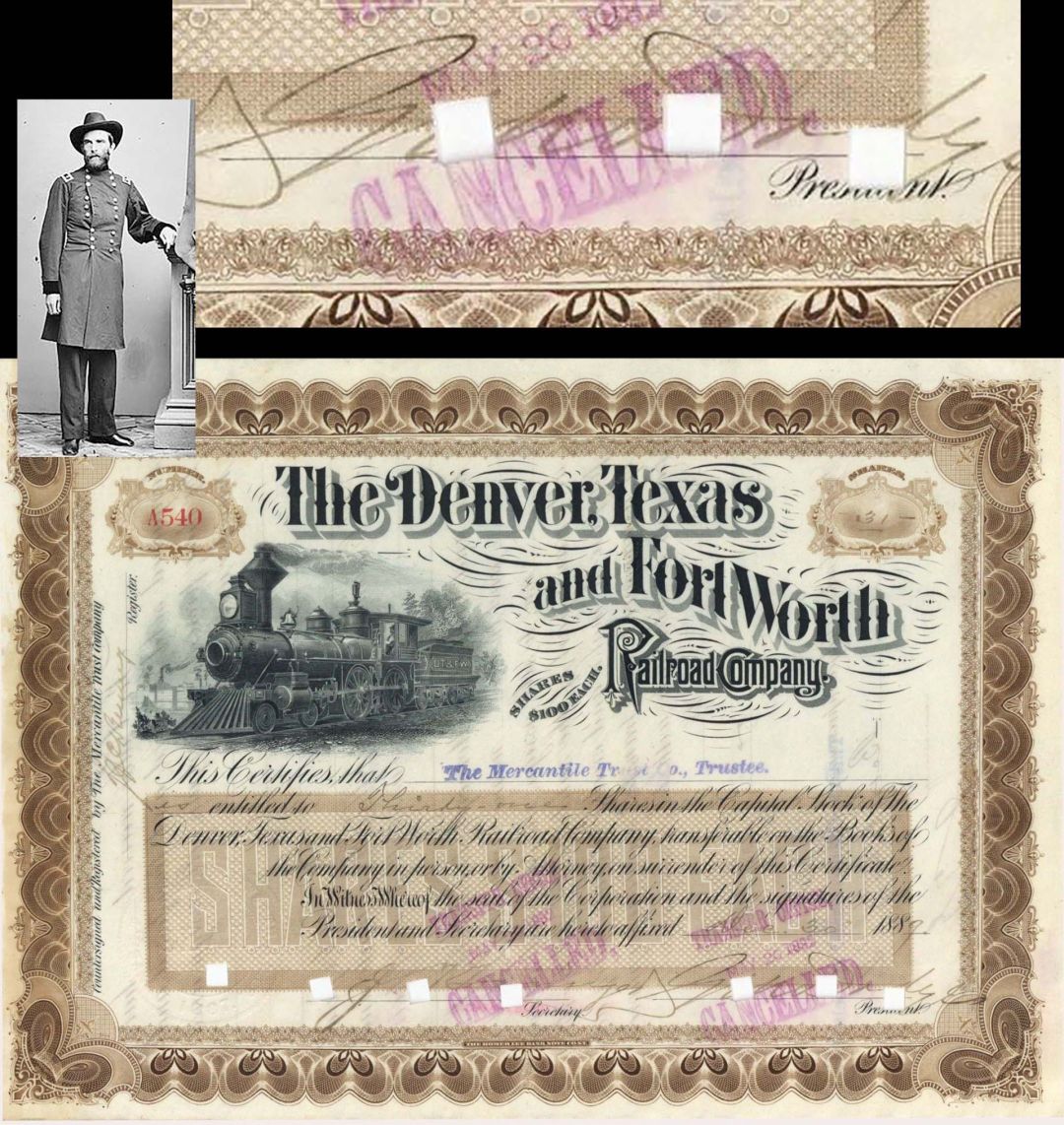 Denver, Texas and Fort Worth Railroad Co. signed by G.M. Dodge - 1889 dated Autographed Stock