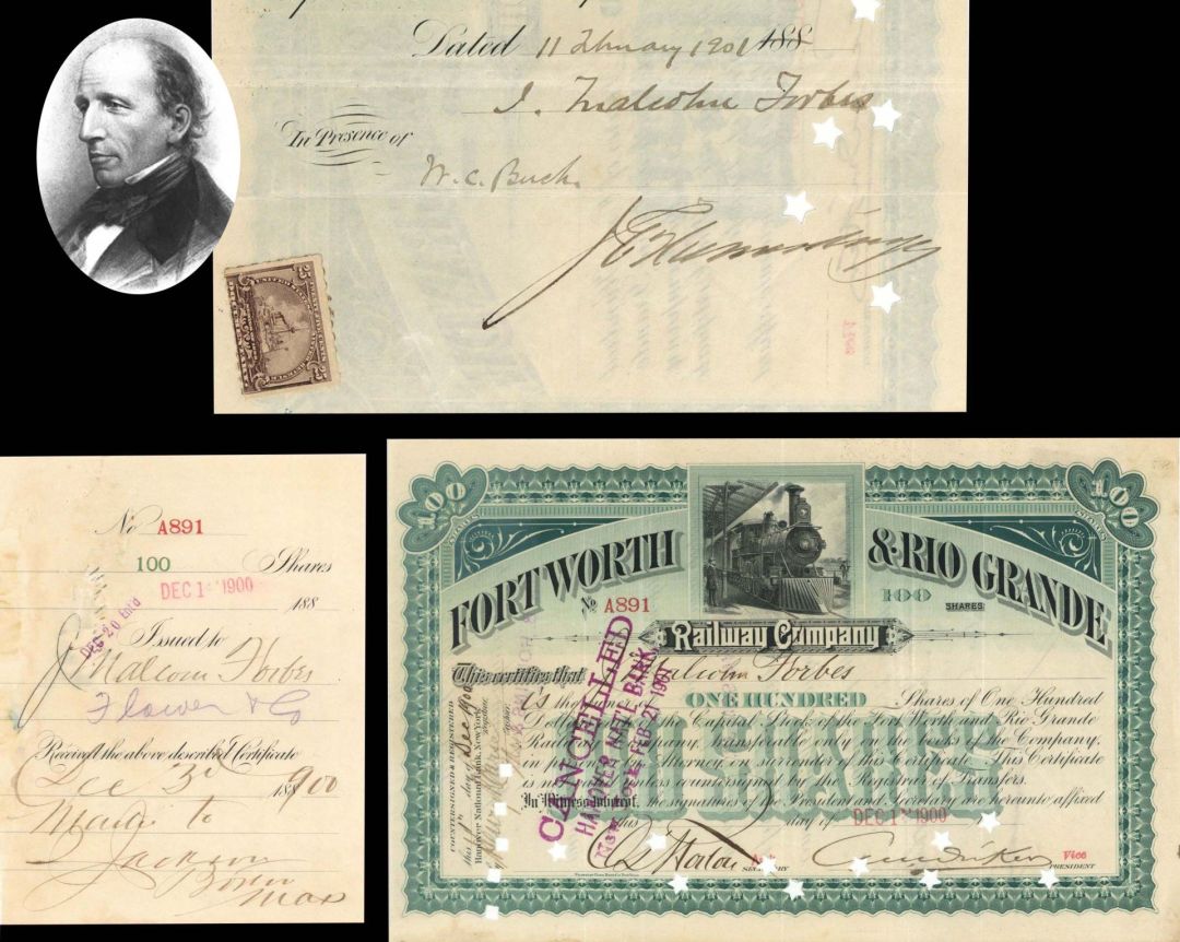 Fort Worth and Rio Grande Railway Co. Issued to and Sigend by J. Malcolm Forbes - 1900 dated Autographed Stock Certificate