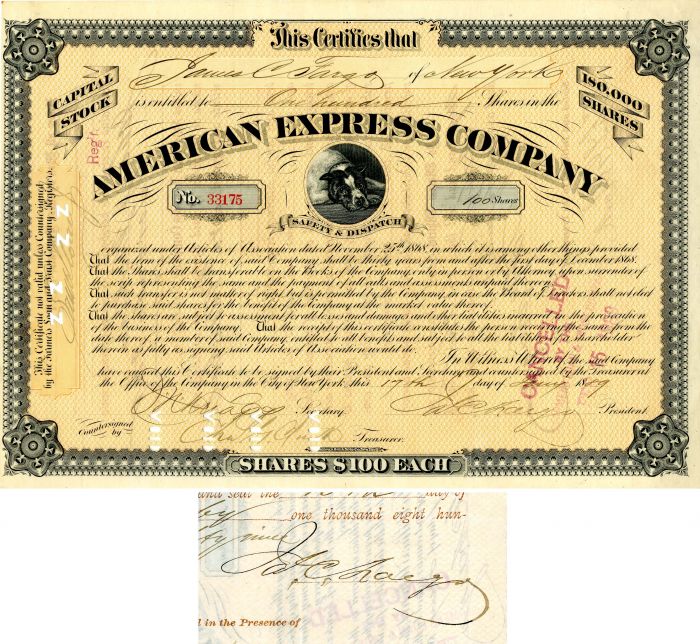 American Express Co. Issued to and signed by James C. Fargo - Stock Certificate