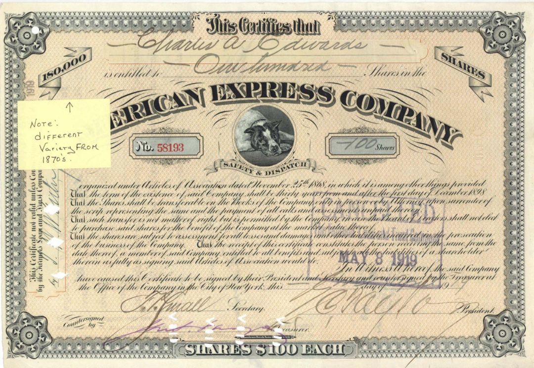 American Express Co. Signed by James F. Fargo - 1919 dated Autographed Stock Certificate