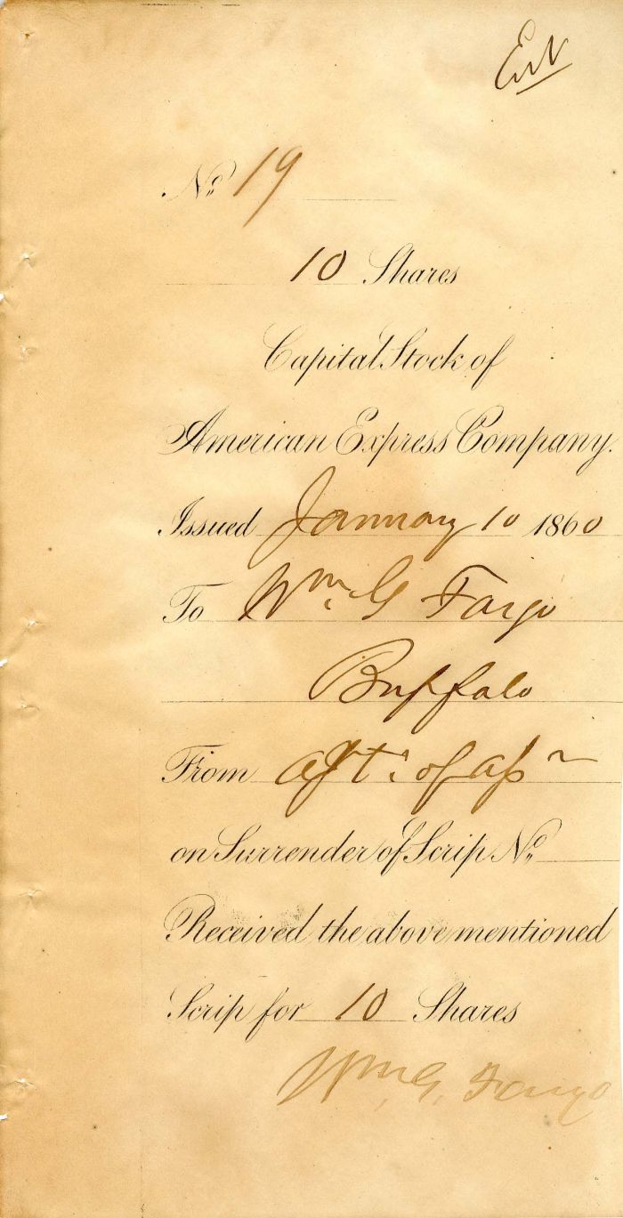 Stock Stub signed by William G. Fargo