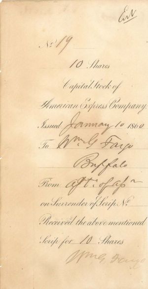 Stock Stub signed by William G. Fargo - 1860 dated Autographed Stock Stub