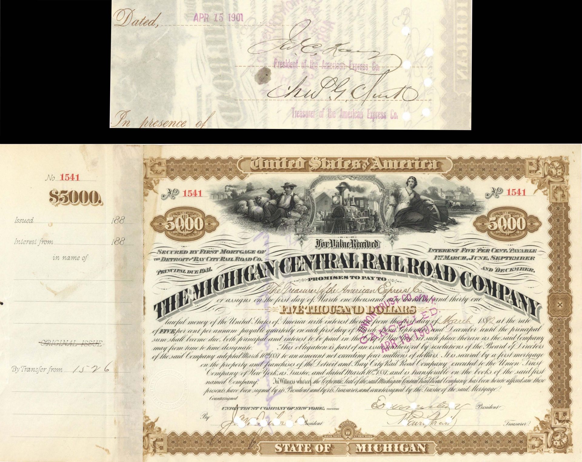 Michigan Central Railroad Co. Signed by James C. Fargo - 1892 Dated Autograph Railway Bond