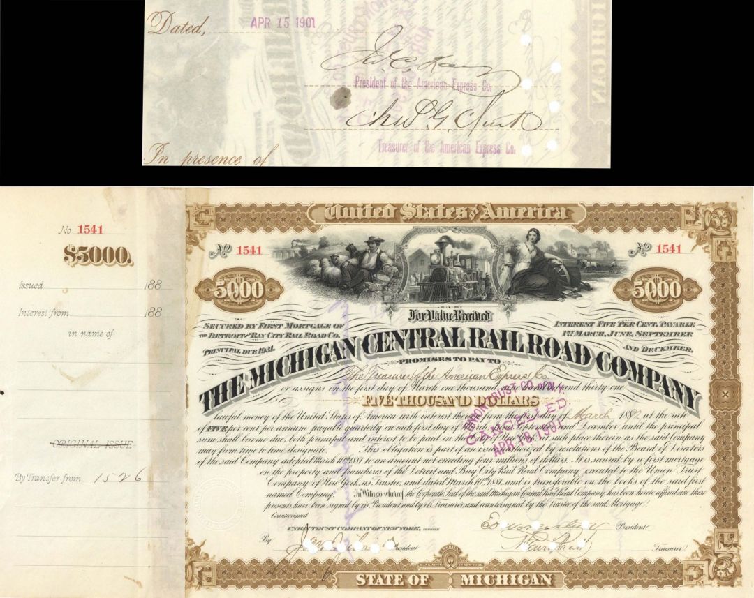 Michigan Central Railroad Co. Signed by James C. Fargo - 1892 and 1901 Dated Autograph Railway Bond