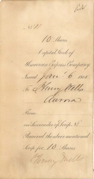 Stock Stub signed by Henry Wells - 1860 dated Autographed Stock Stub