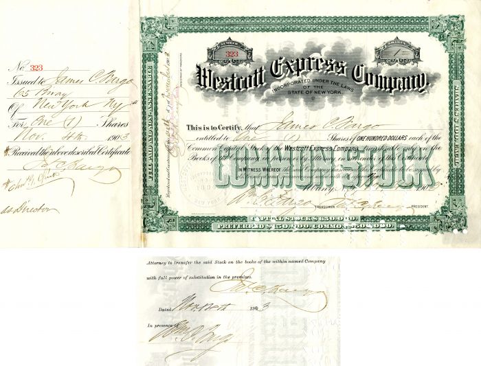 Westcott Express Co. Signed by James C. and Wm. C. Fargo - Stock Certificate