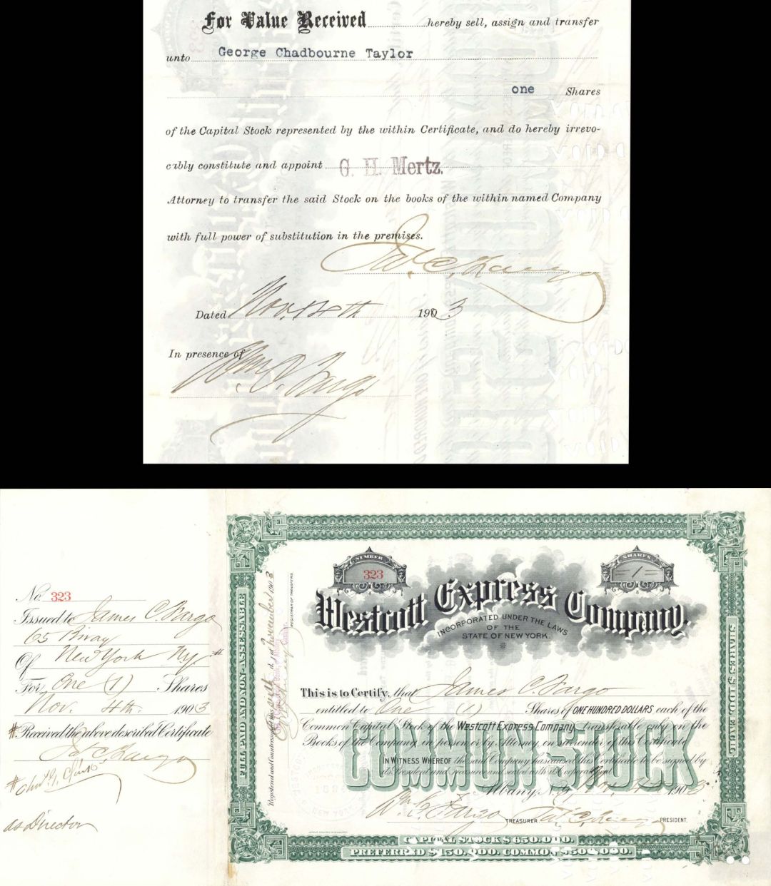 Westcott Express Co. Signed by James C. and William C. Fargo - 1903 dated Autographed Stock Certificate