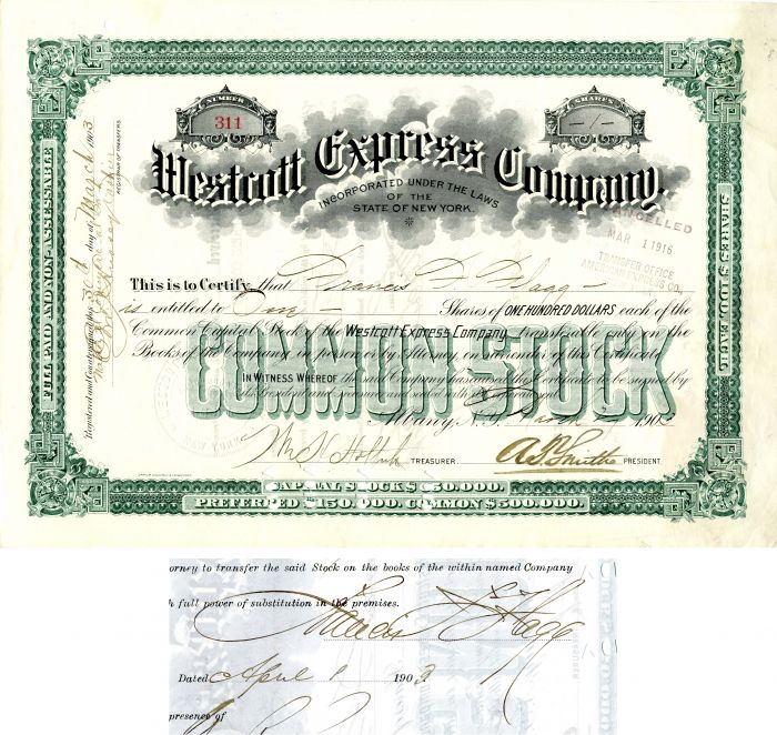 Westcott Express Co. Issued to and Signed by Francis F. Flagg - Stock Certificate